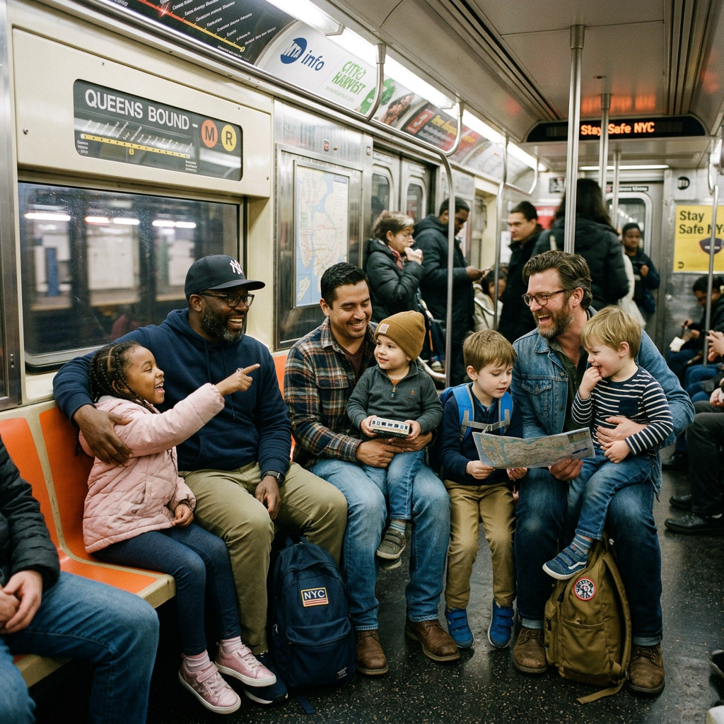 Multigenerational family smiling and interacting on an NYC subway train