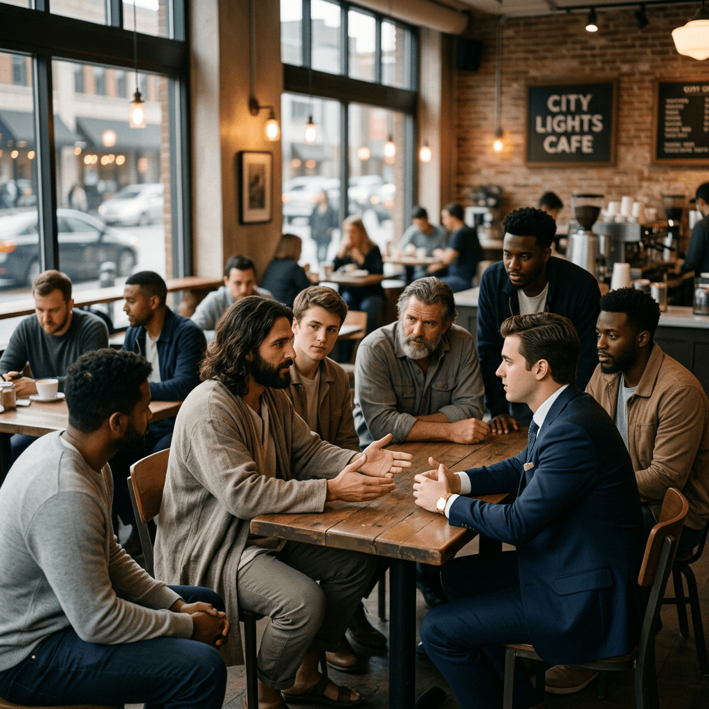 Diverse group discussing ideas around a table at City Lights Cafe